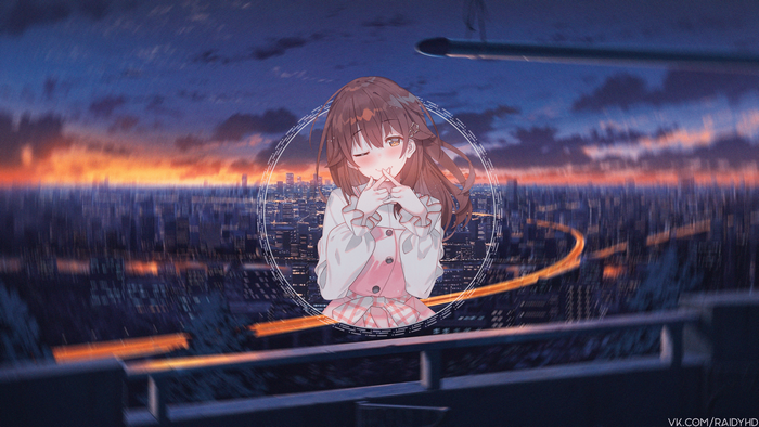 Anime girl in a city at dusk