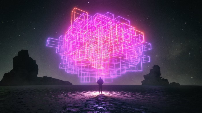 Abstract neon cube structure over a person on a rocky shore