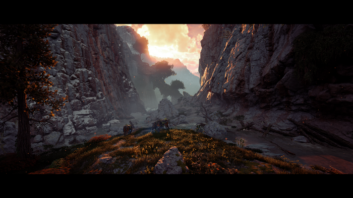 Aloy from Horizon Zero Dawn in a rocky canyon