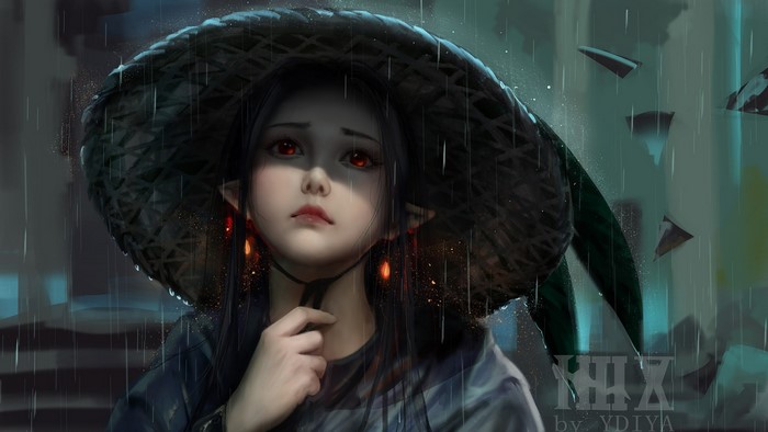 Girl with red eyes and elf ears in the rain