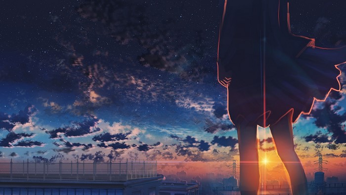 Anime girl looking at the sunset over a city