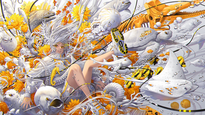 Anime girl with white hair surrounded by sea creatures and flowers