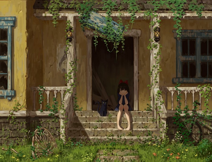Girl and black cat on porch of abandoned house