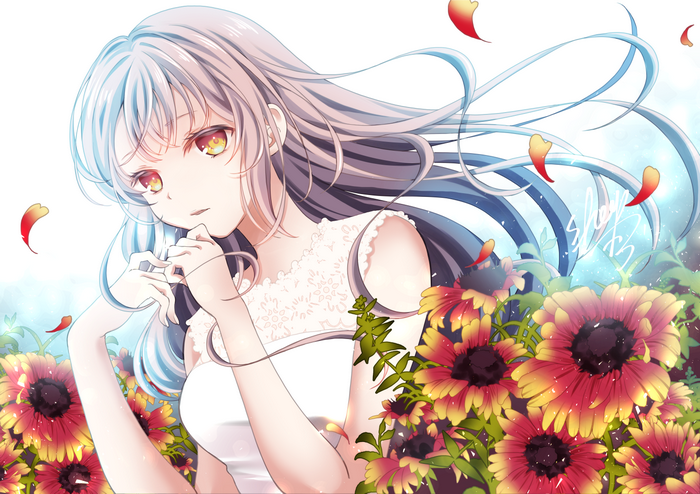 Anime girl with white dress and sunflowers
