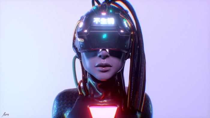Cyberpunk woman with VR headset and glowing chest piece