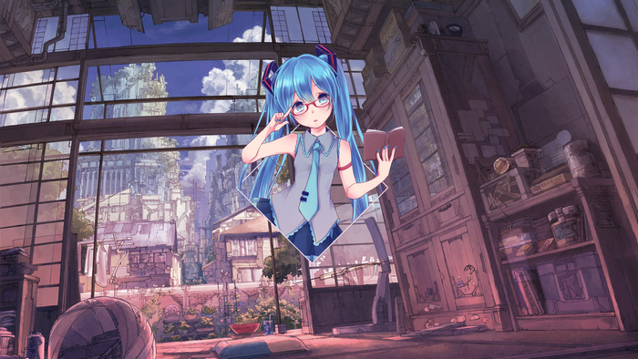 Hatsune Miku with book in a room with a view