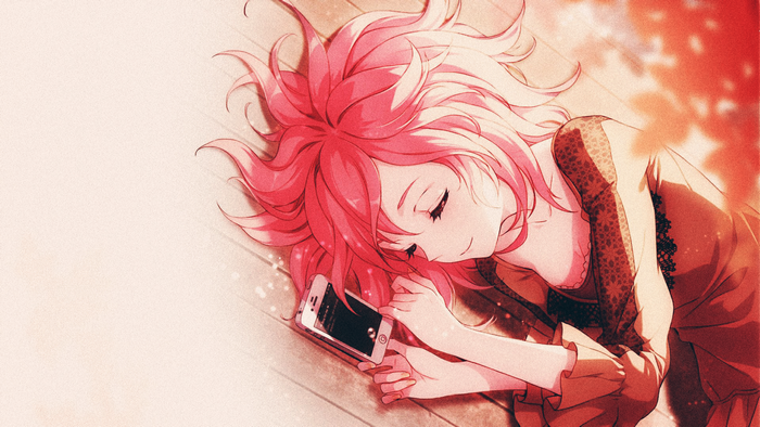Anime girl with pink hair lying down with cellphone
