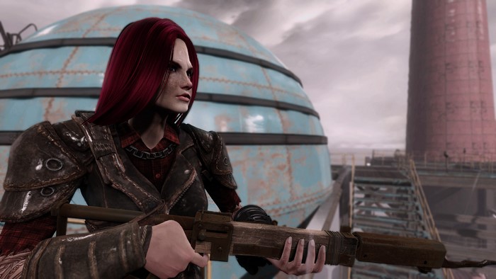 Woman with red hair holding a rifle in a wasteland