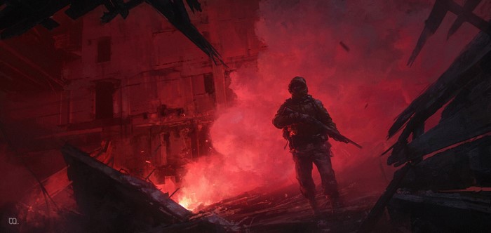 Soldier in a burning ruined building