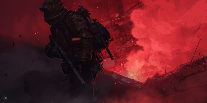 Soldier in red smoke and debris