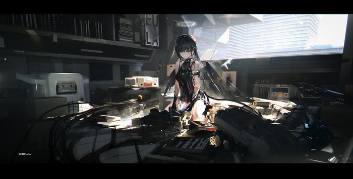 Anime girl in a futuristic room