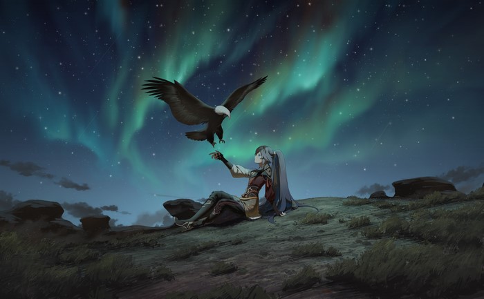 Fu Hua from Honkai Impact 3rd with an eagle under aurorae
