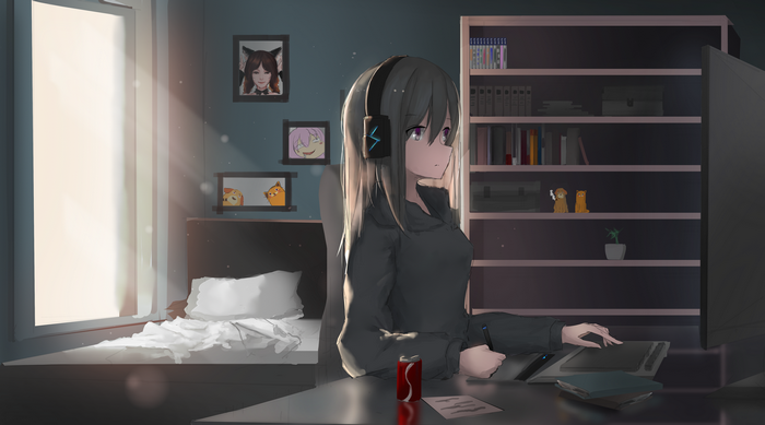 Anime girl with headphones at desk with soda