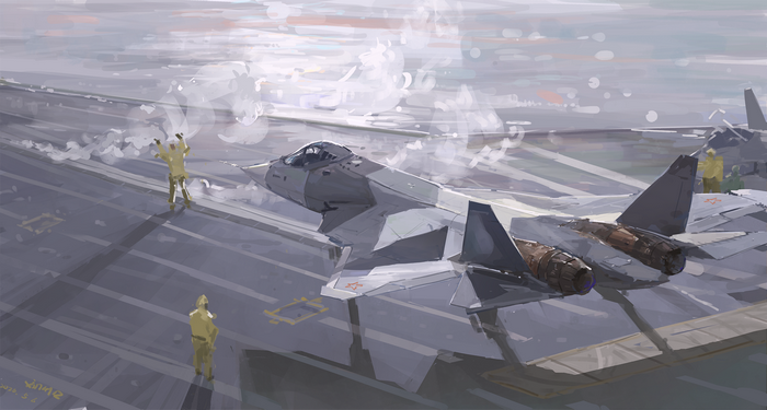 Sukhoi Su-57 fighter jet on aircraft carrier deck
