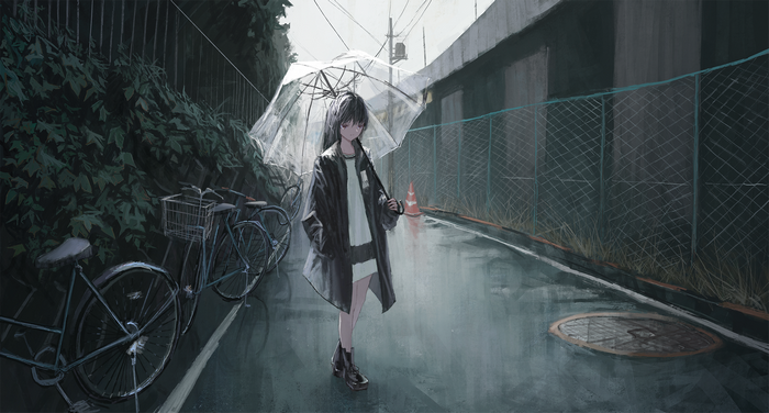 Anime girl with umbrella in the rain with bicycles