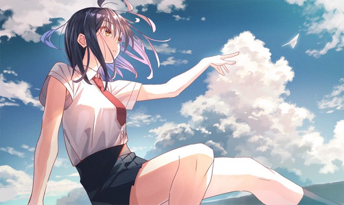 Anime girl in school uniform with paper airplane in the sky