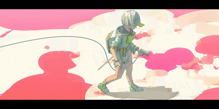 Anime girl with backpack and gun walking