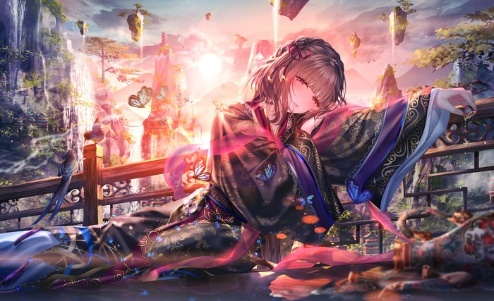 Anime girl in traditional Chinese clothing with butterflies