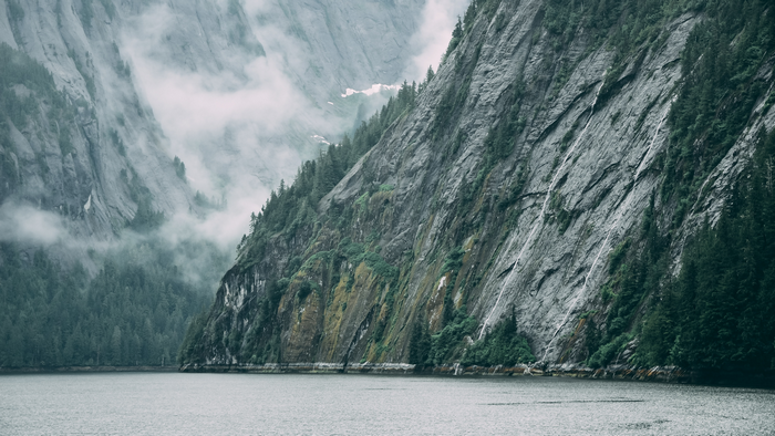 Misty mountains and forest by the water in Alaska