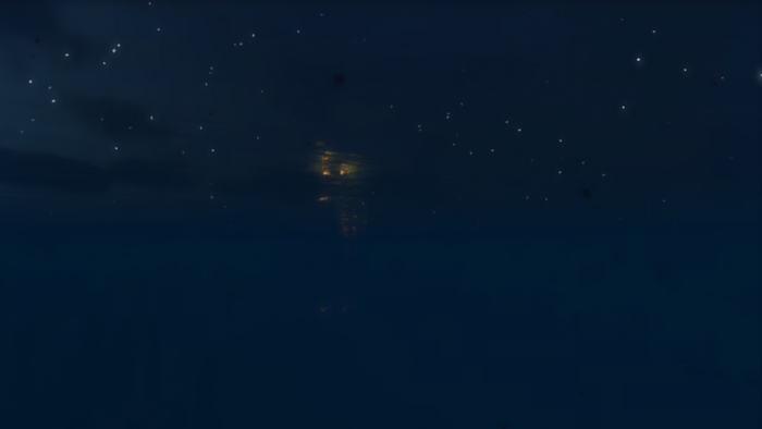 Minecraft screenshot of a ship at sea at night