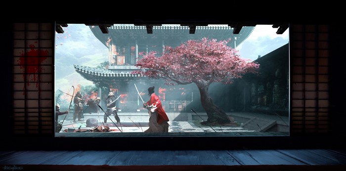Samurai fighting in front of a Japanese temple with cherry blossoms