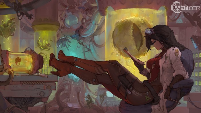 Scientist with Kaiju specimens in a laboratory