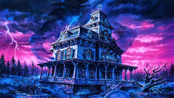 Haunted Mansion painting by Dan Goozee with lightning