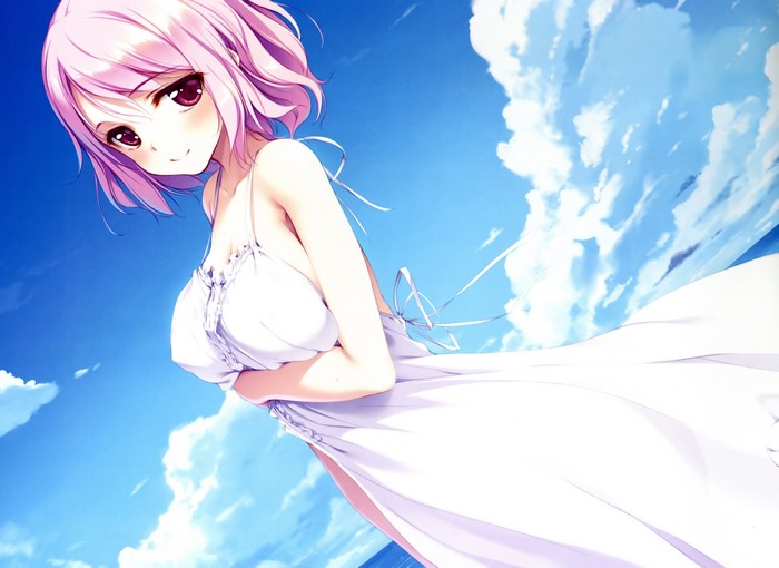 Anime girl with pink hair in a white dress under the sky
