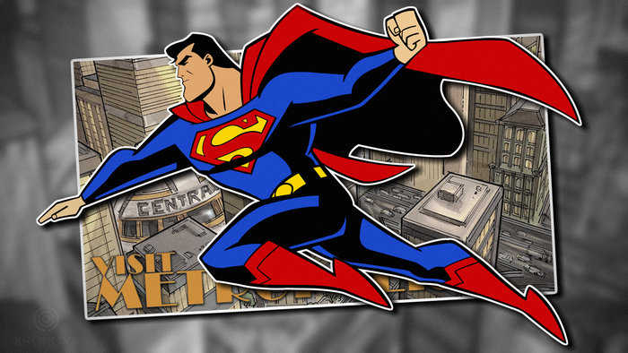 Superman from DC Comics flying over Metropolis