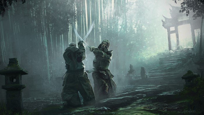Artwork of two warriors fighting in a Japanese bamboo forest