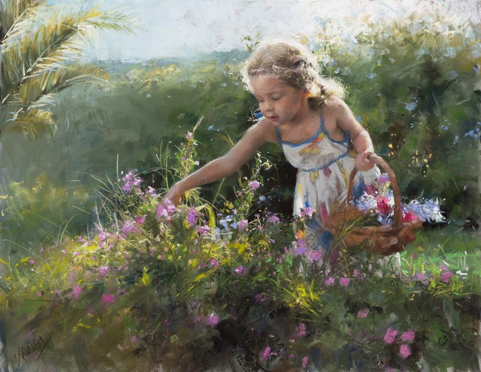 Girl picking flowers in a field by Vicente Romero Redondo