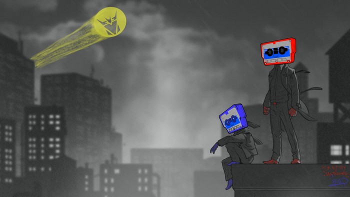 Rumble and Frenzy from Transformers G1 on a rooftop
