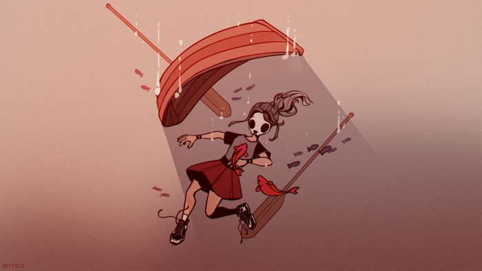 Girl with skull mask and koi fish underwater with boat