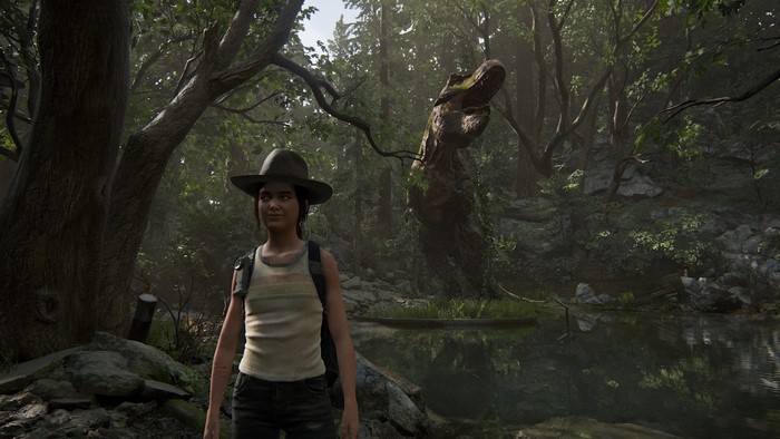 Ellie from The Last of Us 2 with a Tyrannosaurus Rex statue