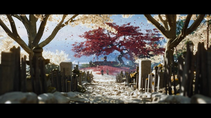 Ghost of Tsushima scene with red and white trees
