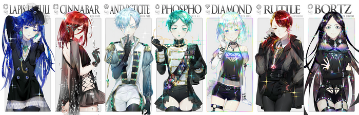Houseki no Kuni characters: Lapis Lazuli, Cinnabar, Antarcticite, Phosphophyllite, Diamond, Rutile, and Bortz