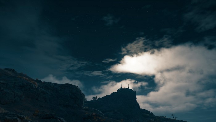 Assassin's Creed Odyssey night landscape with mountains and clouds