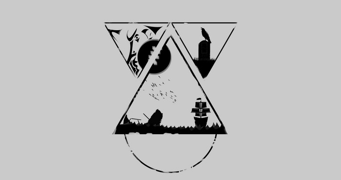 Geometric artwork with ship, tomb, and crow