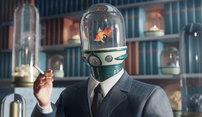 Robot with goldfish head smoking a cigarette