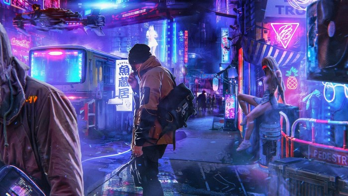 Cyberpunk city street with neon lights and people