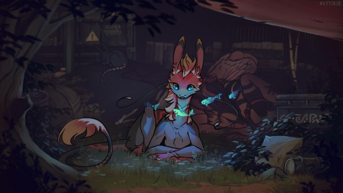 Anthropomorphic creature with glowing fish at night