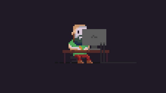 Pixel art man with beard using a computer