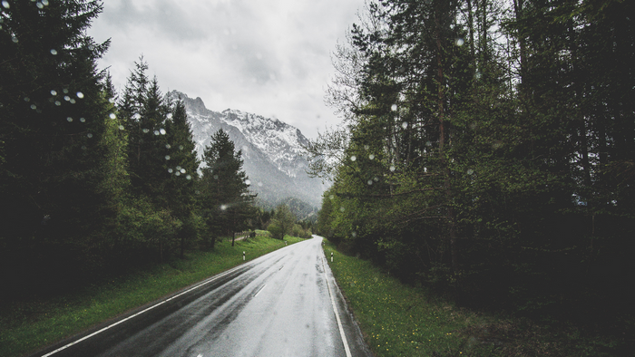 Wet mountain road through a forest in spring