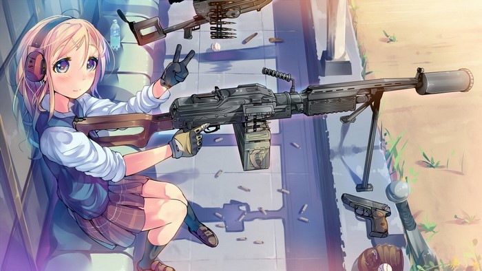 Anime girl with machine guns and baseball equipment