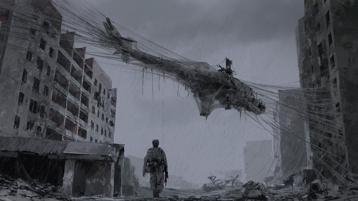 Soldier walks through destroyed city with helicopter caught in webs