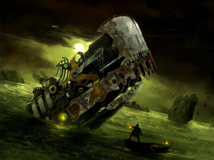 Steampunk shipwreck in a murky sea with a lone figure in a boat