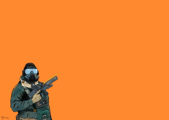 Soldier with gas mask and gun on orange background