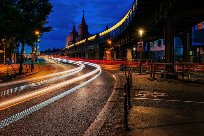 Oberbaum Bridge light trails at night in Berlin