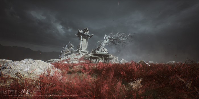 Black Myth: Wukong ruins with a stone tower and dead tree