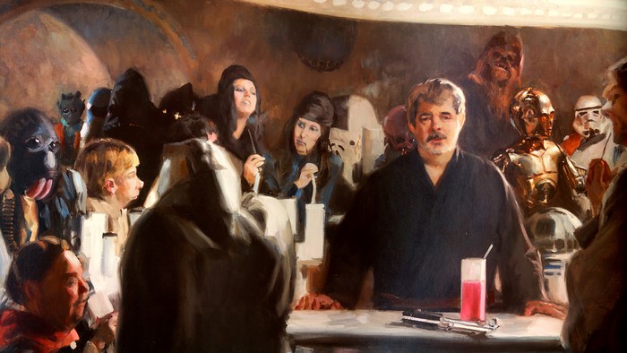 George Lucas and Star Wars characters in a cantina painting